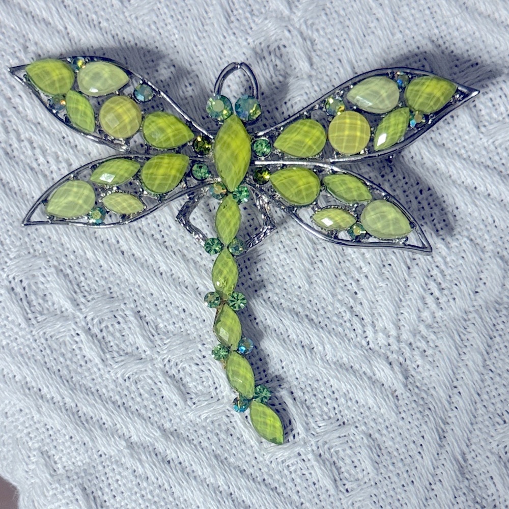 Dragonfly Statement Brooch w Green Faceted Resin Stones & Rhinestones